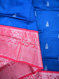 Mangalagiri fancy saree blue color allover zari motives & zari border with rich pallu and contrast plain blouse