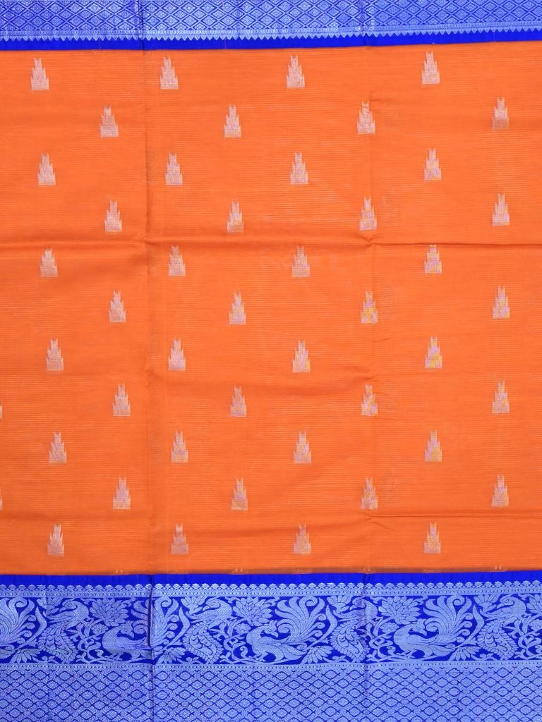 Mangalagiri fancy saree orange color allover zari motives & zari border with rich pallu and contrast plain blouse