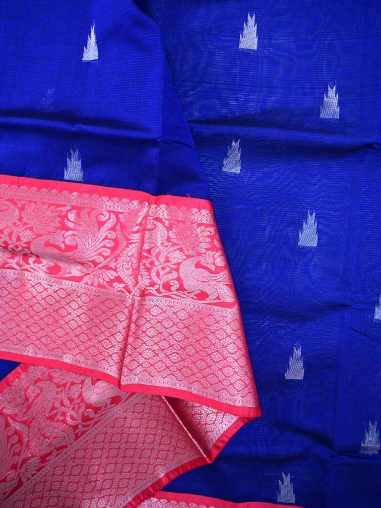 Mangalagiri fancy saree royal blue color allover zari motives & zari border with rich pallu and contrast plain blouse