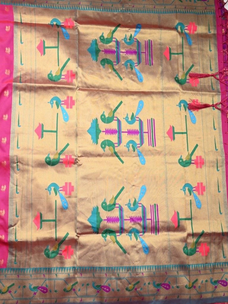 Banaras paithani fancy saree pink color allover zari motifs & paithani border with paithani pallu and plain boluse