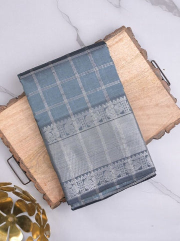 Mangalagiri fancy saree grey color allover zari checks & kanchi border with stripes pallu and contrast blouse