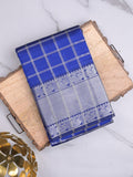 Mangalagiri fancy saree royal blue color allover zari checks & kanchi border with stripes pallu and contrast blouse