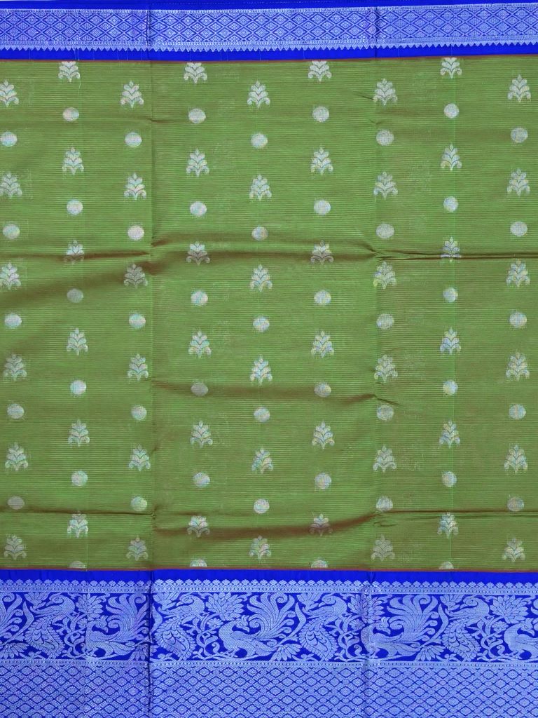 Mangalagiri fancy saree olive green color allover zari motives & zari border with rich pallu and contrast plain blouse