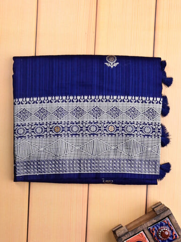 Jute fancy silk saree royal blue color allover zari motifs & zari border with zari weaving pallu and attached blouse