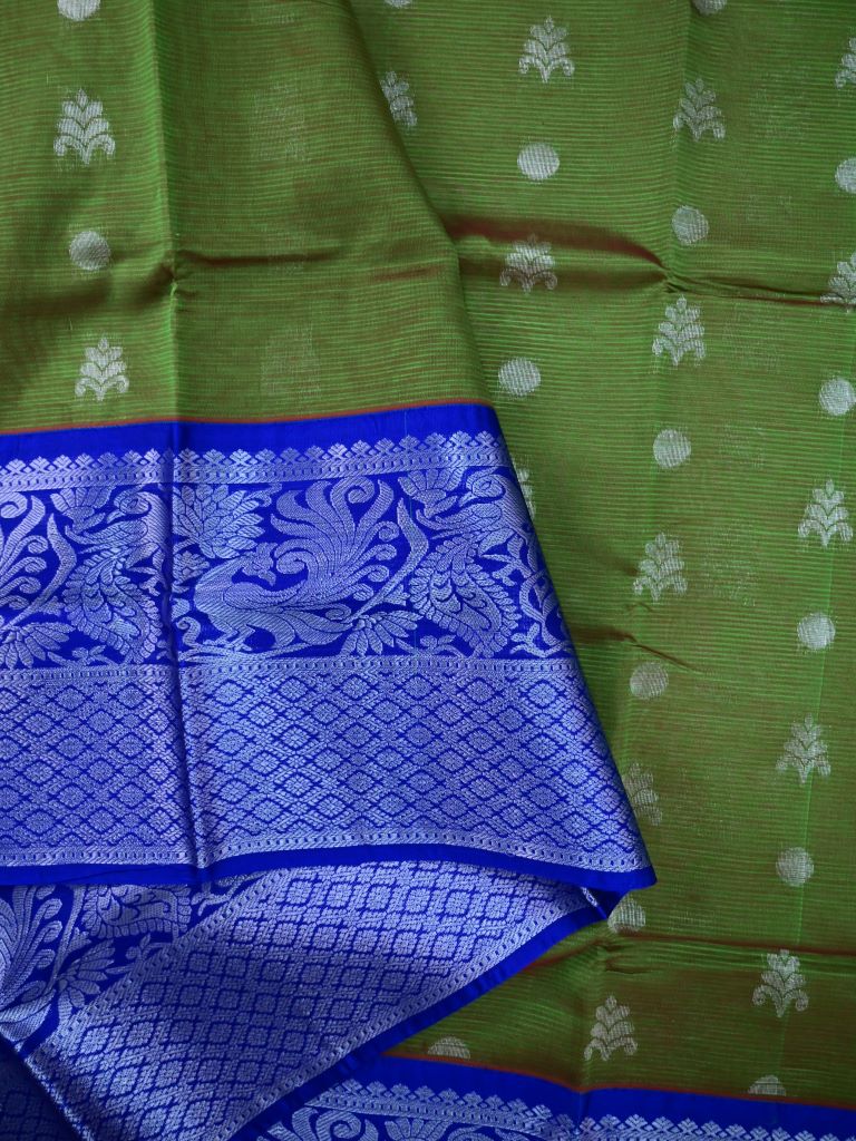 Mangalagiri fancy saree olive green color allover zari motives & zari border with rich pallu and contrast plain blouse