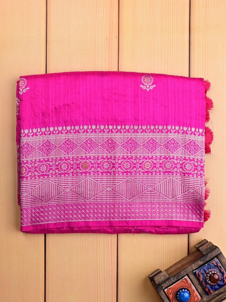 Jute fancy silk saree pink color allover zari motifs & zari border with zari weaving pallu and attached blouse