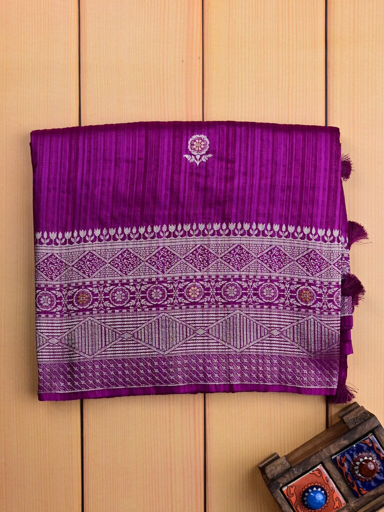 Jute fancy silk saree purple color allover zari motifs & zari border with zari weaving pallu and attached blouse