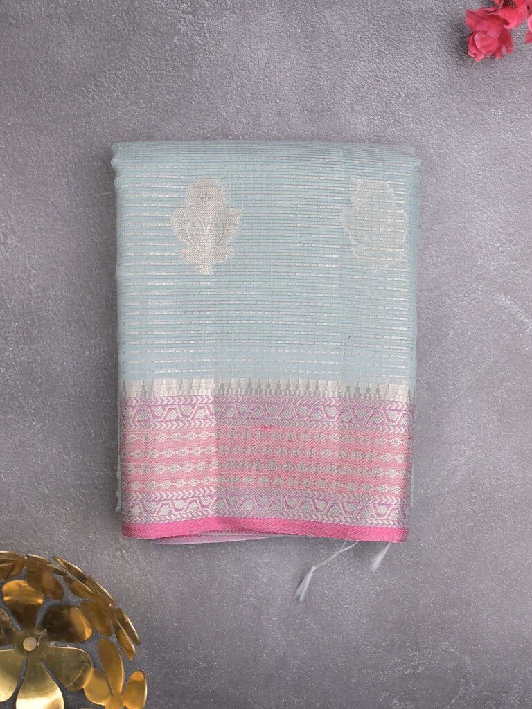 Chanderi fancy saree light blue color allover zari weaves & zari border with short pallu and attached self blouse