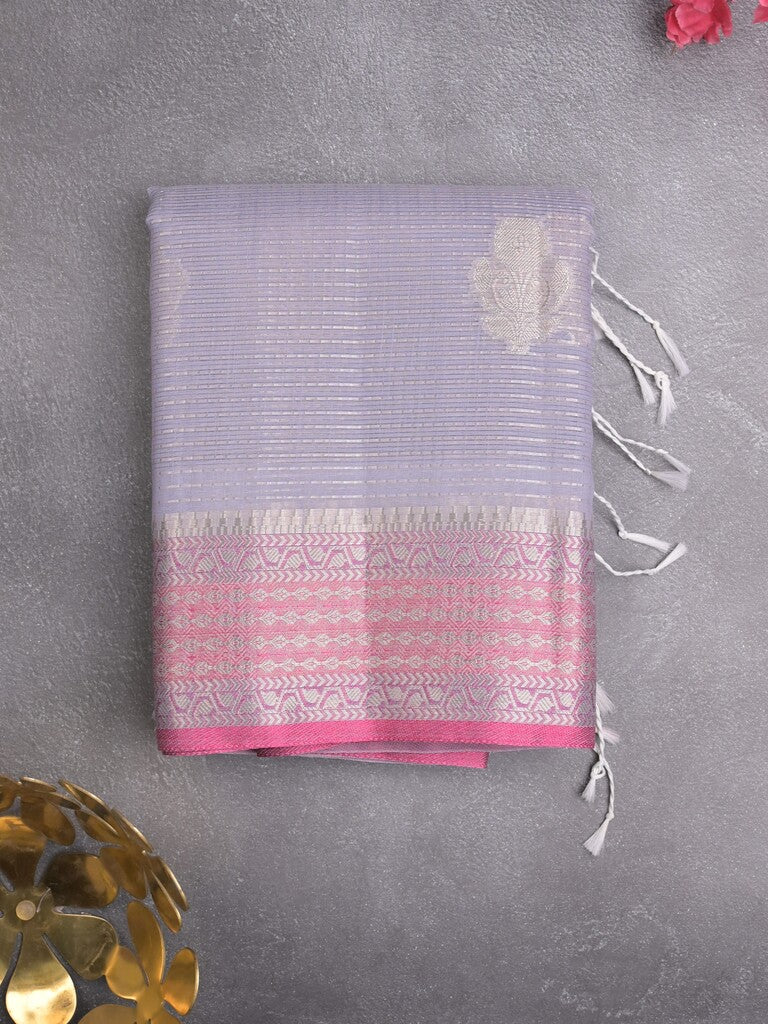 Chanderi fancy saree light lavender color allover zari weaves & zari border with short pallu and attached self blouse