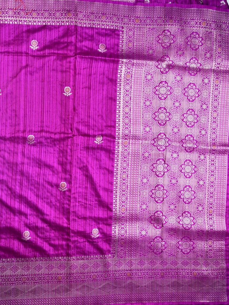 Jute fancy silk saree purple color allover zari motifs & zari border with zari weaving pallu and attached blouse