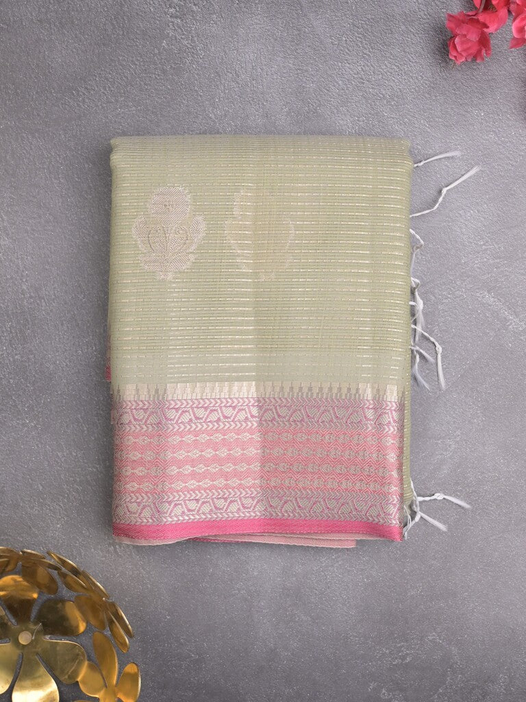 Chanderi fancy saree light snuff color allover zari weaves & zari border with short pallu and attached self blouse
