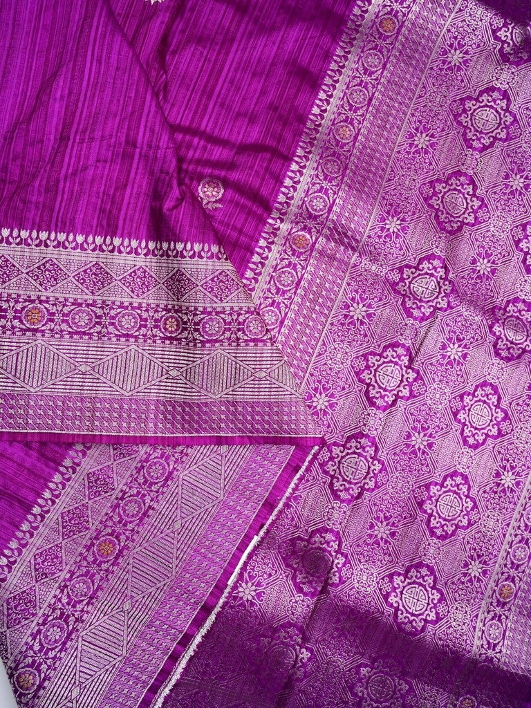 Jute fancy silk saree purple color allover zari motifs & zari border with zari weaving pallu and attached blouse