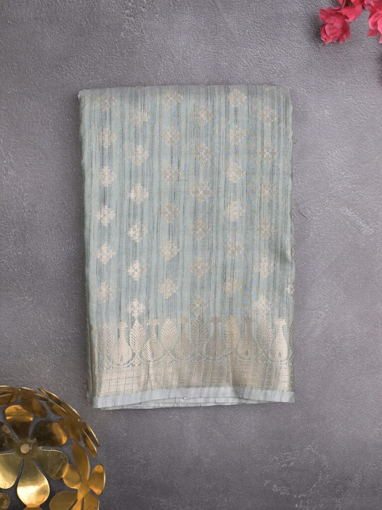 Chanderi jute fancy saree pastel blue color allover zari motifs & zari border with brocade pallu and attached brocade blouse