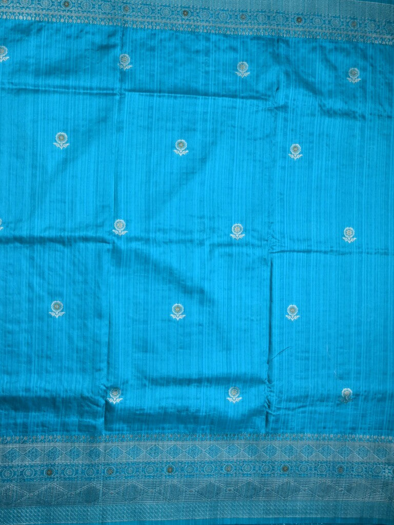 Jute fancy silk saree sky blue color allover zari motifs & zari border with zari weaving pallu and attached blouse