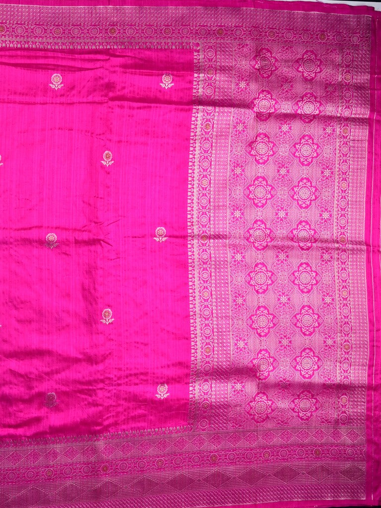 Jute fancy silk saree pink color allover zari motifs & zari border with zari weaving pallu and attached blouse