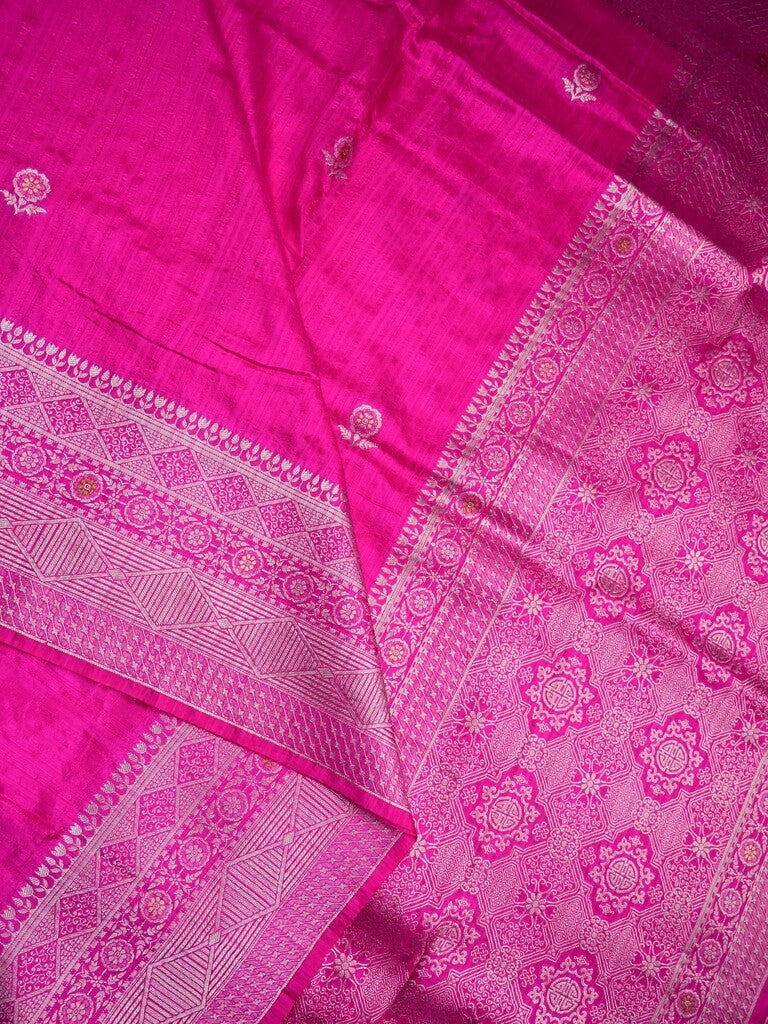 Jute fancy silk saree pink color allover zari motifs & zari border with zari weaving pallu and attached blouse