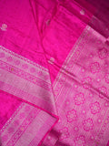 Jute fancy silk saree pink color allover zari motifs & zari border with zari weaving pallu and attached blouse