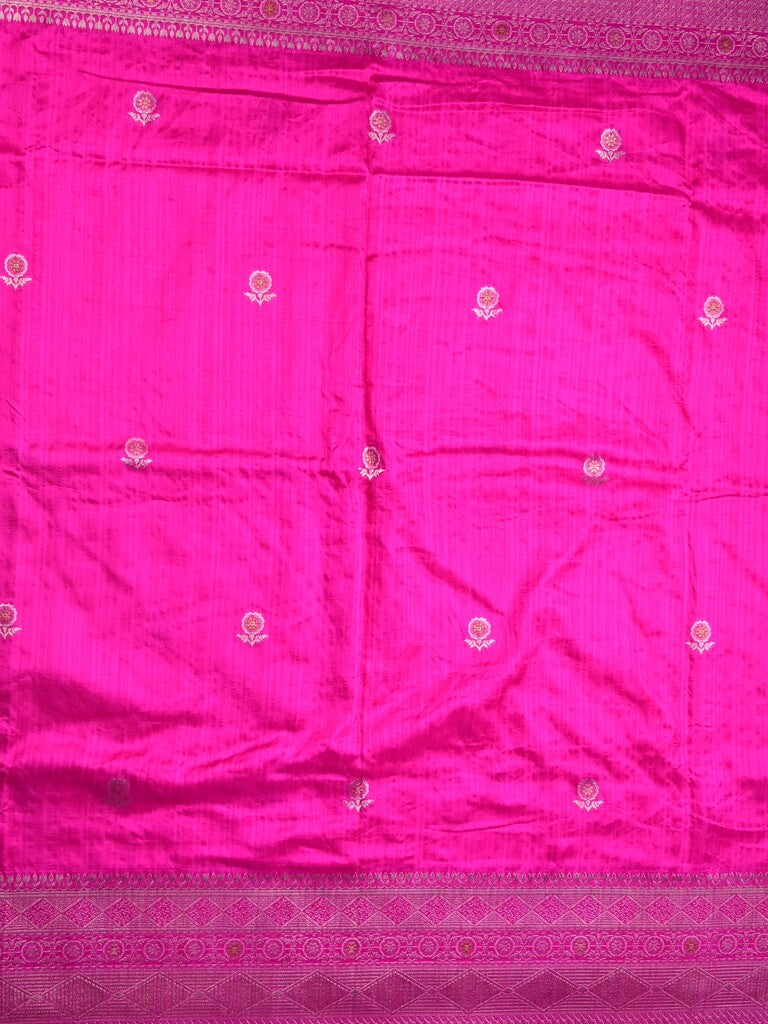 Jute fancy silk saree pink color allover zari motifs & zari border with zari weaving pallu and attached blouse