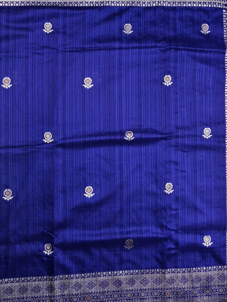 Jute fancy silk saree royal blue color allover zari motifs & zari border with zari weaving pallu and attached blouse