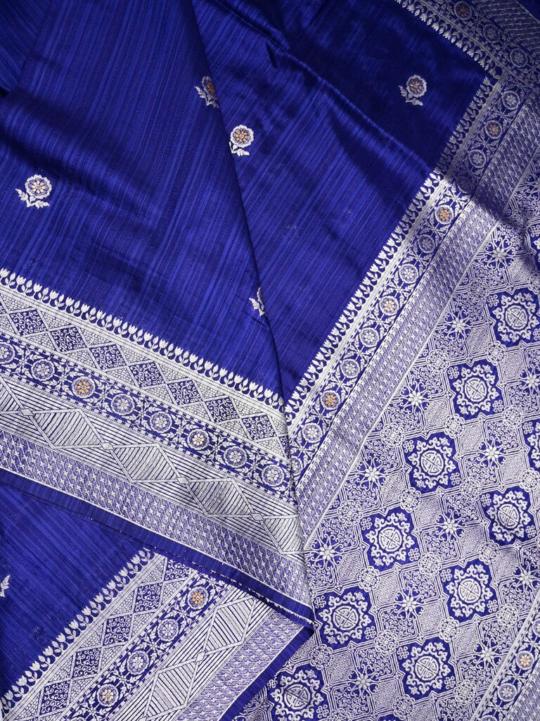 Jute fancy silk saree royal blue color allover zari motifs & zari border with zari weaving pallu and attached blouse