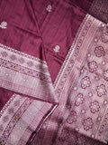 Jute fancy silk saree wine color allover zari motifs & zari border with zari weaving pallu and attached blouse