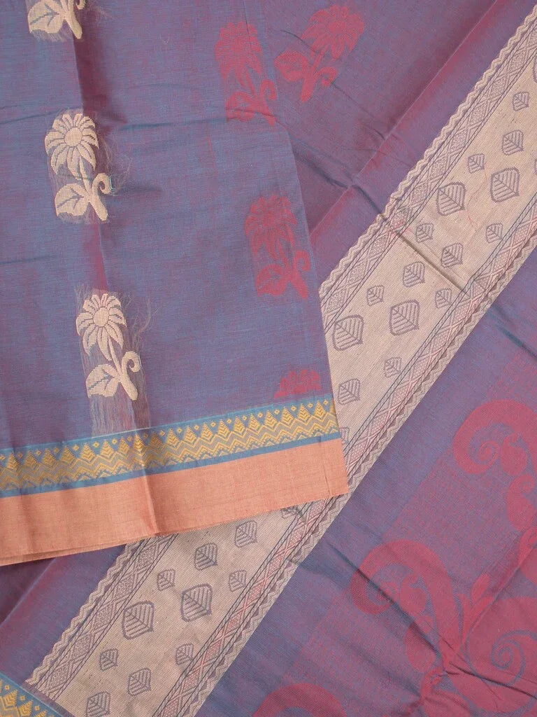 Kanchi cotton saree bluish grey color allover thread weaves & kaddi border with weaving pallu and attached plain blouse