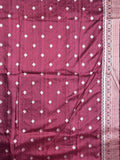 Jute fancy silk saree wine color allover zari motifs & zari border with zari weaving pallu and attached blouse