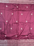 Jute fancy silk saree wine color allover zari motifs & zari border with zari weaving pallu and attached blouse