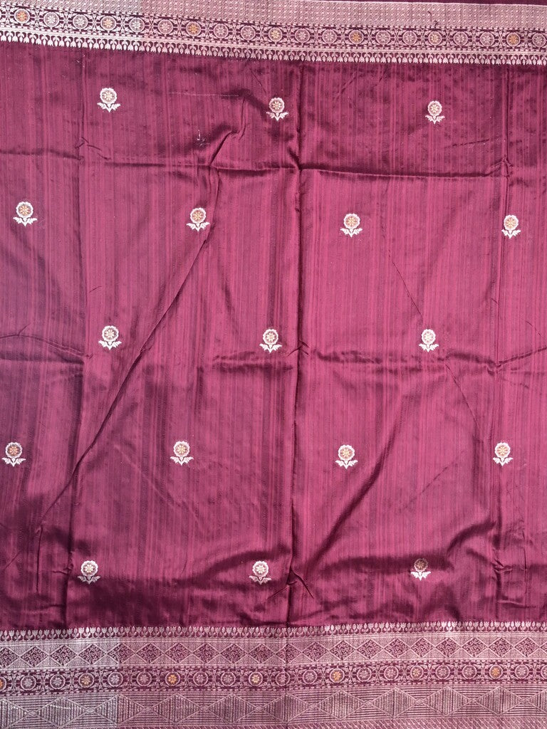 Jute fancy silk saree wine color allover zari motifs & zari border with zari weaving pallu and attached blouse