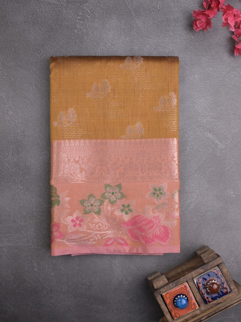 Chanderi fancy saree mustard yellow color allover zari motifs & zari border with short pallu and contrast blouse