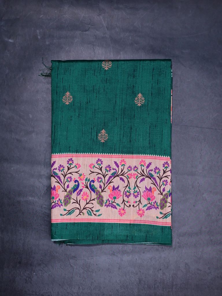 Tussar fancy saree dark green color allover prints & paithani border with short pallu and printed blouse