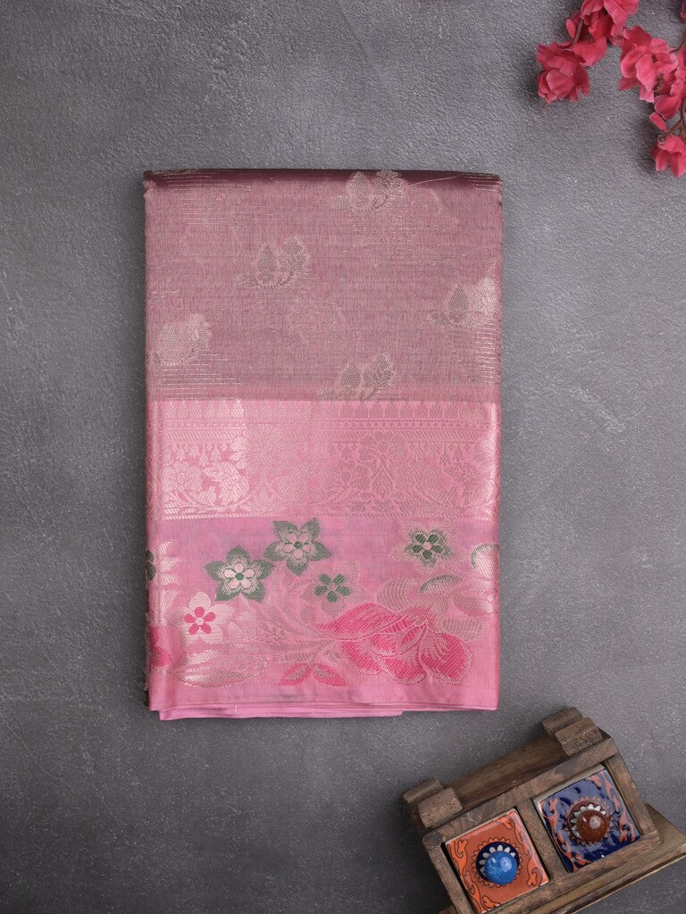 Chanderi fancy saree light purple color allover zari motifs & zari border with short pallu and contrast blouse