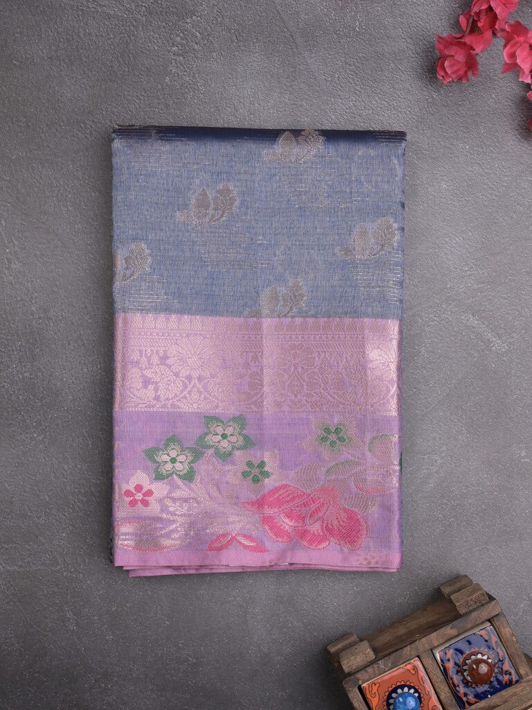 Chanderi fancy saree bluish grey color allover zari motifs & zari border with short pallu and contrast blouse