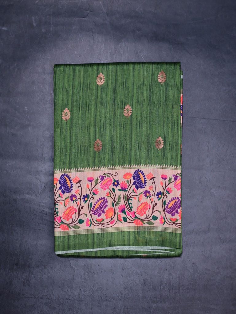 Tussar fancy saree bottle green color allover prints & paithani border with short pallu and printed blouse