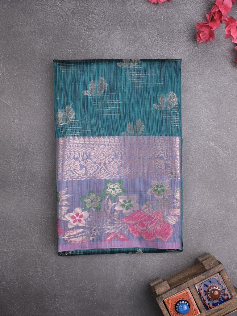 Chanderi fancy saree peacock blue color allover zari motifs & zari border with short pallu and contrast blouse
