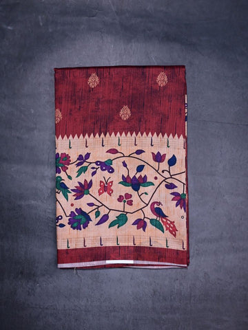 Tussar fancy saree magenta color allover prints & paithani border with short pallu and printed blouse