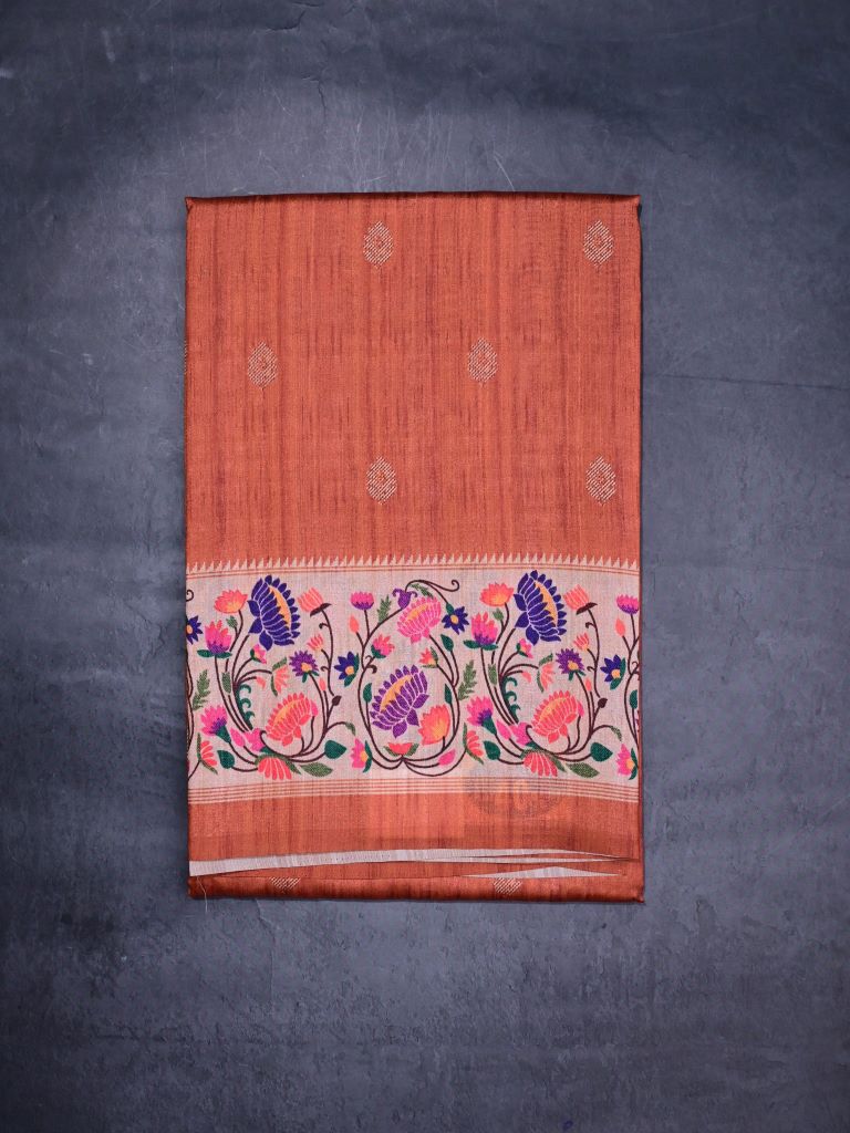 Tussar fancy saree brown color allover prints & paithani border with short pallu and printed blouse