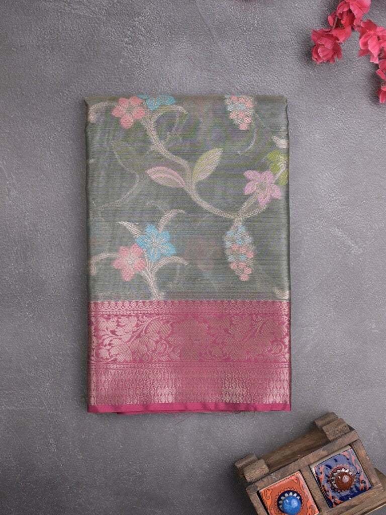 Chanderi tissue fancy saree grey color allover zari weaves & zari border with short pallu and contrast blouse