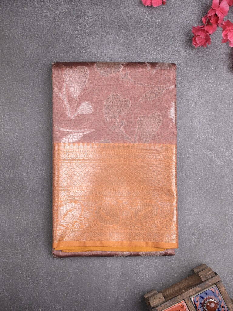 Chanderi fancy saree peach color allover zari motifs & zari border with short pallu and contrast blouse
