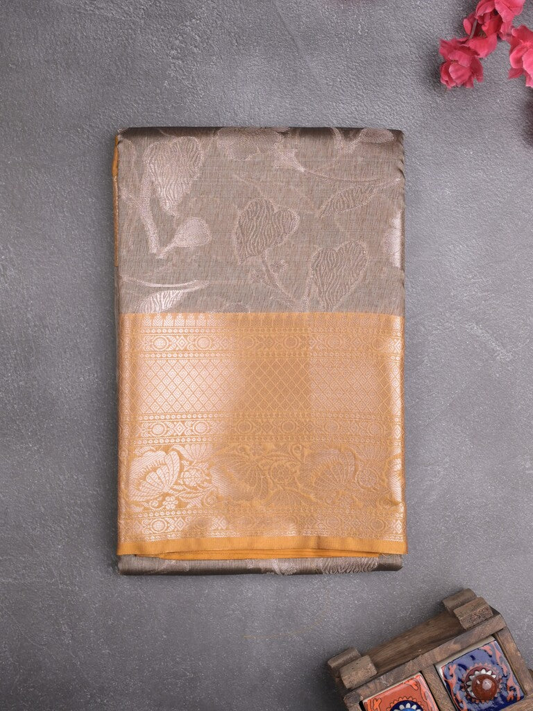 Chanderi fancy saree grey color allover zari motifs & zari border with short pallu and contrast blouse