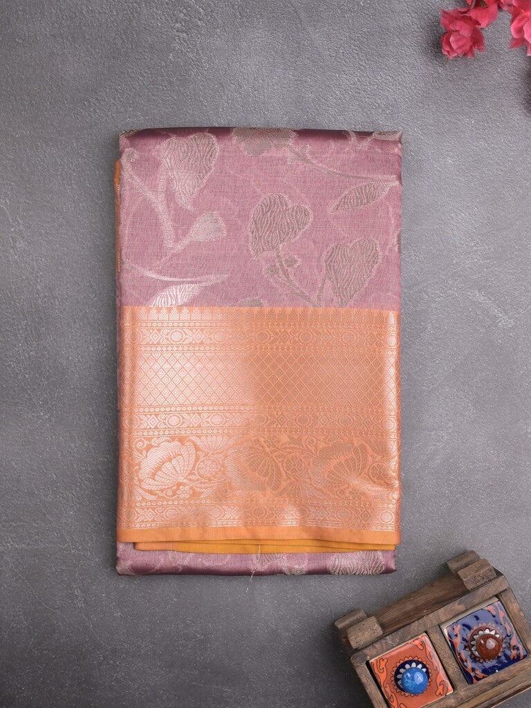Chanderi fancy saree light purple color allover zari motifs & zari border with short pallu and contrast blouse