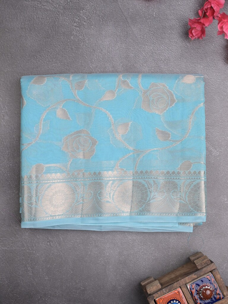 Chanderi kora fancy saree sky blue color allover zari weaves & zari border with brocade pallu and attached brocade blouse
