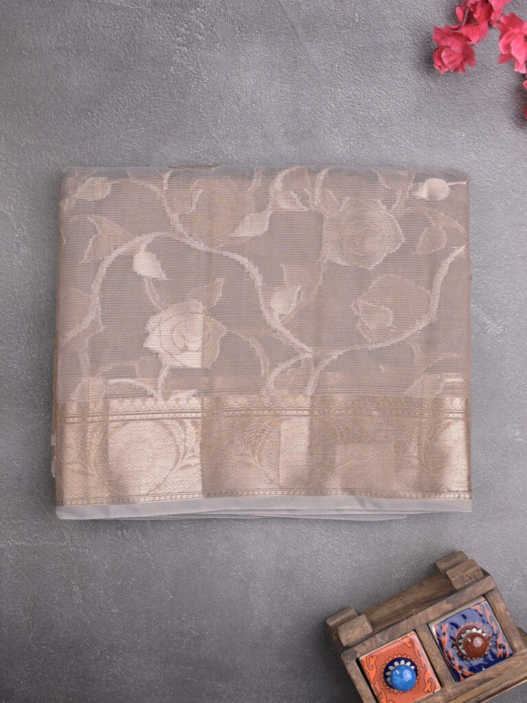 Chanderi kora fancy saree light grey color allover zari weaves & zari border with brocade pallu and attached brocade blouse