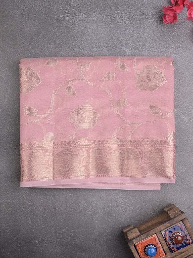 Chanderi kora fancy saree baby pink color allover zari weaves & zari border with brocade pallu and attached brocade blouse