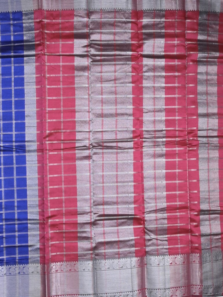 Mangalagiri fancy saree royal blue color allover zari checks & kanchi border with stripes pallu and contrast blouse