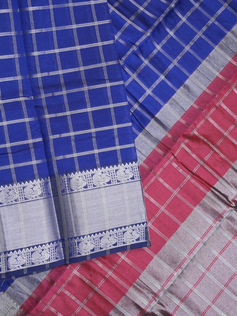 Mangalagiri fancy saree royal blue color allover zari checks & kanchi border with stripes pallu and contrast blouse
