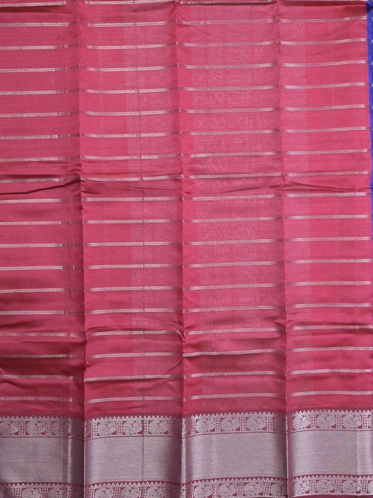 Mangalagiri fancy saree royal blue color allover zari checks & kanchi border with stripes pallu and contrast blouse