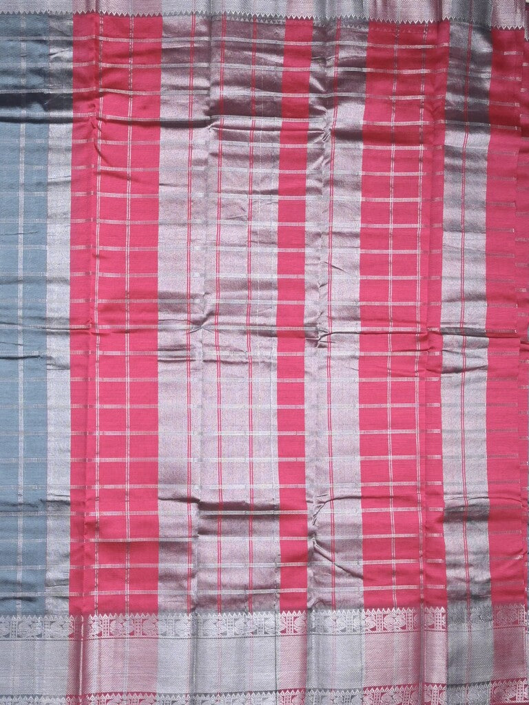 Mangalagiri fancy saree grey color allover zari checks & kanchi border with stripes pallu and contrast blouse