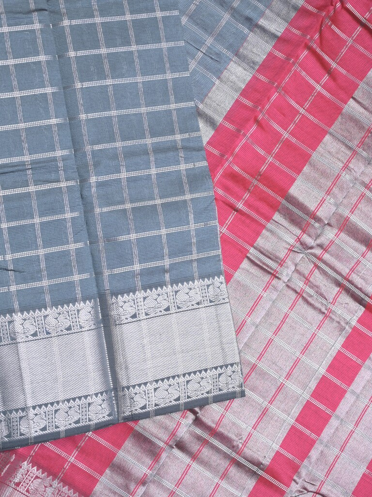 Mangalagiri fancy saree grey color allover zari checks & kanchi border with stripes pallu and contrast blouse