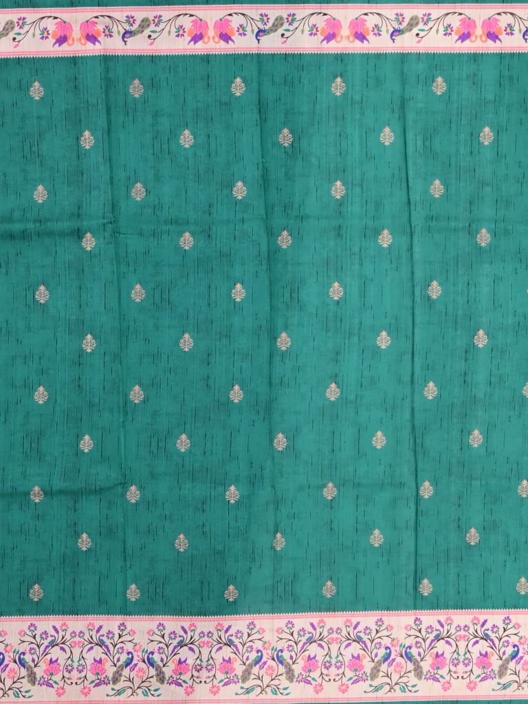 Tussar fancy saree dark green color allover prints & paithani border with short pallu and printed blouse